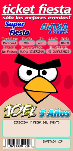 Invitaciones Infantil Angry Birds Tipo Ticket