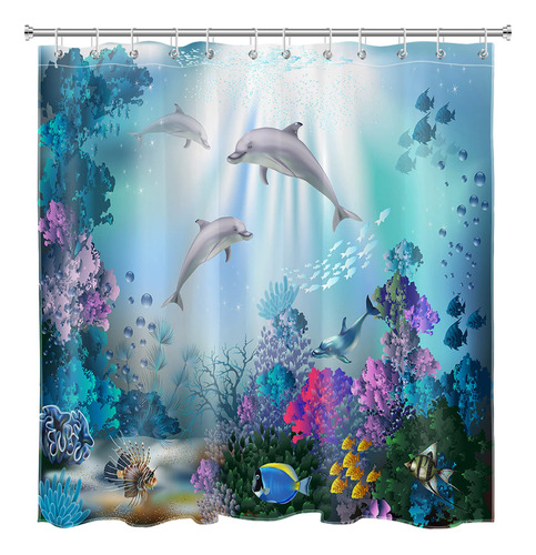 Lb Cortina Ducha Delfin Para Niño Adulto Baño Gancho Azul