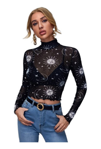 Top Transparente, Manga Larga, Cuello, Diseño Galaxia, 2890