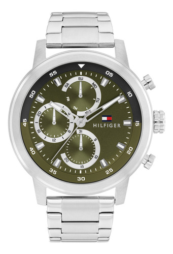 Tommy Hilfiger Reloj Para Hombre Rocky 1792180 Plata 46mm Correa Plateado Bisel Plateado Fondo Verde Musgo