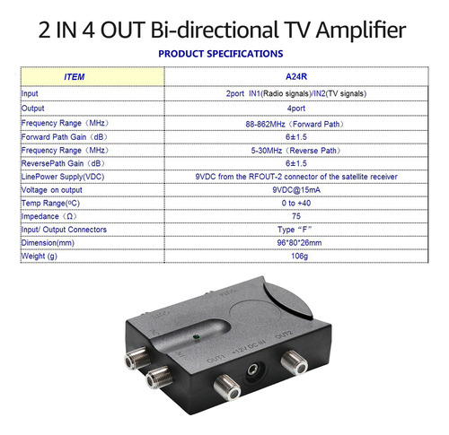 W Amplificador Tv Bidireccional 2 Entradas Señal Antena