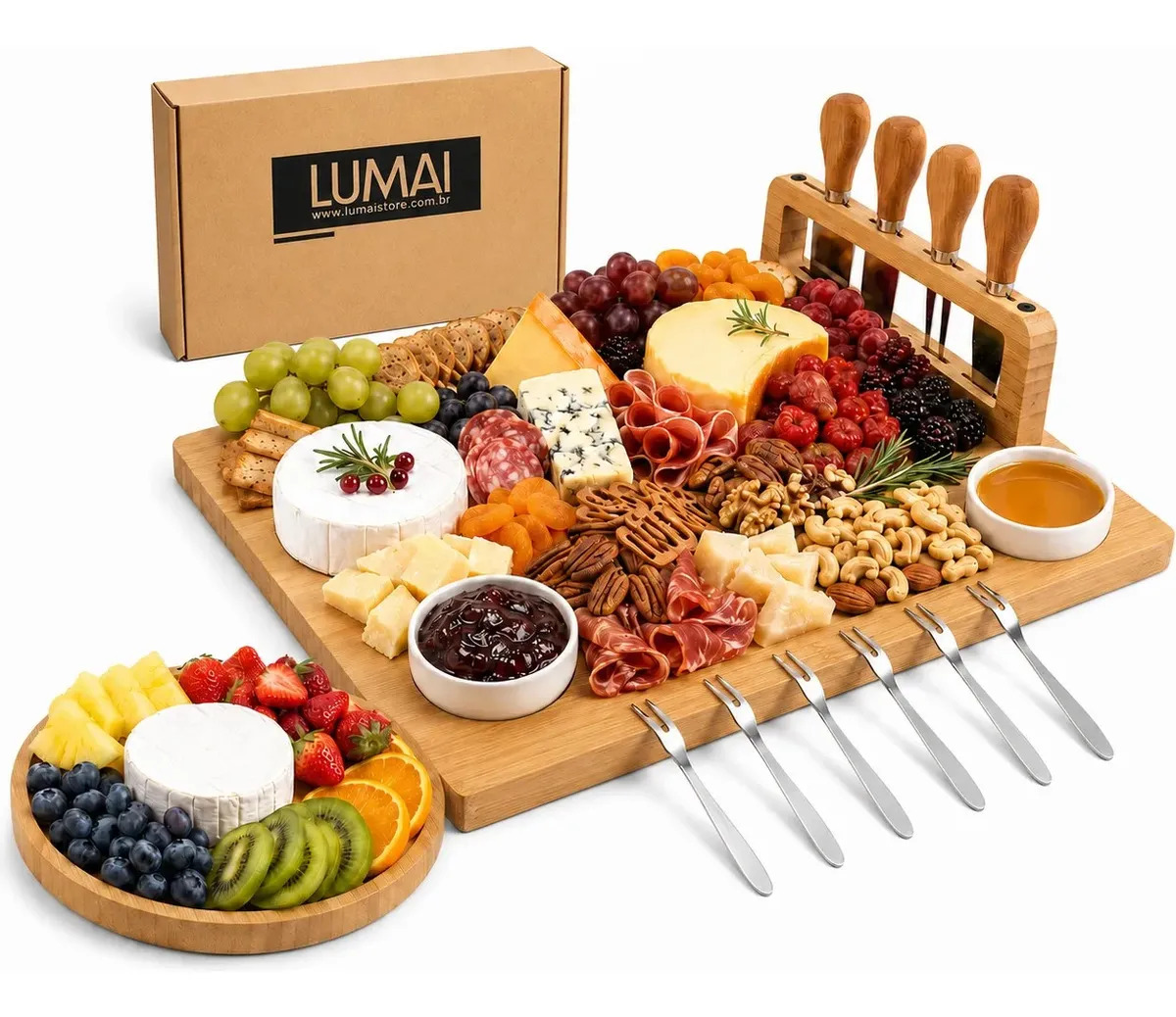 LUMAI Kit Tábua Grande Para Queijos  e Frios de Bambu  Premium Polimento Duplo + Petisqueira - Suporte Magnético - Tabua para Servir de 40cm x  29,5cm - Qualidade para Receber em Casa Familia e Amigos