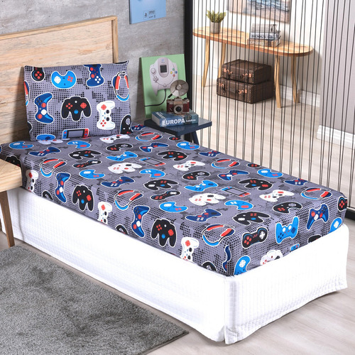 Kit Edredom 3 Peças Infantil Solteiro Game Play 300 Fios Cor Cinza Desenho Do Tecido Astronauta