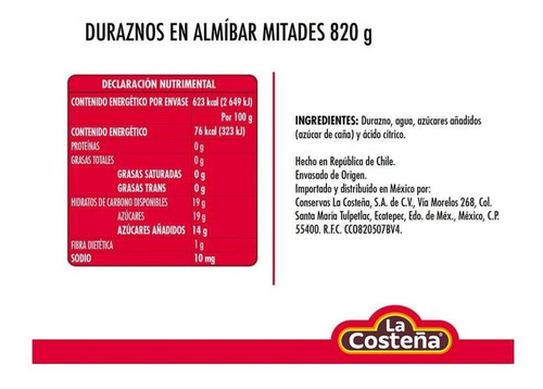 Duraznos En Almíbar La Costeña En Mitades 820 Gr, Cj 12 Piez