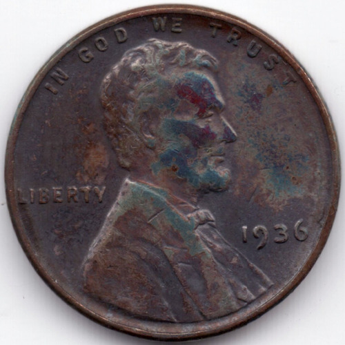 1936 P 1 Centavo Penny Wheat 1c Au Lincoln Cent Tono Cobalto