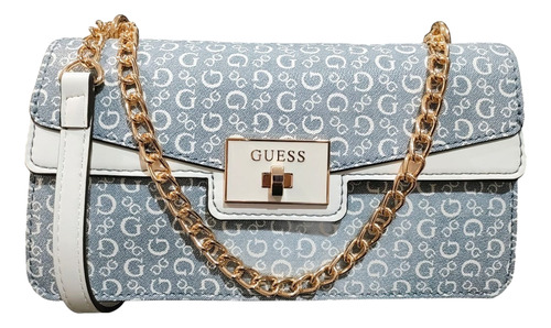 Bolsa Guess Original Sg970721 Azul Blanco Grabada Casual Azul Claro Grabada Oro Blanco Y Cadena Dorada