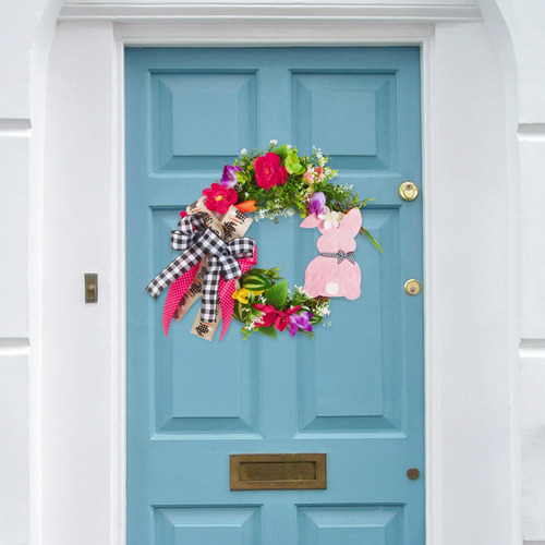 Corona Decorativa Pascua For Puerta Con Conejo Flores Hojas