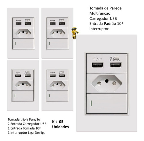 Imagem 6 de 6 de 05 X Nova Tomada 10a 3em1 Interruptor 2 Entradas Usb 5v 2.1a