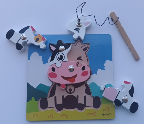 Juego Pesca Y Puzzle 2en1 Vaquita Madera Didactico Magnetico