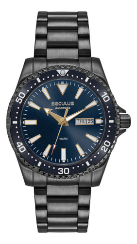 Relógio Seculus Automatico Moderno Em Aço Masculino De Pulso Correia Preto Bisel Preto Fundo Azul-marinho