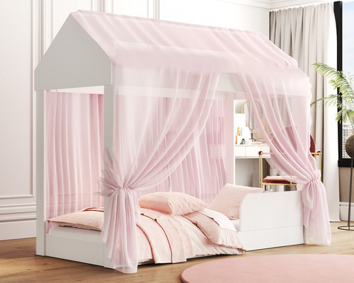 Cama Casa Infantil Crystal Montessoriana Com Voal Rosa Quarto Meninas Docel Baby Com Colchão Castelo Princesa Neloja