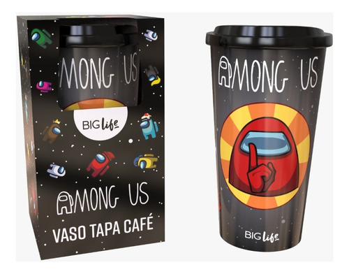 Vaso Tapa Cafe Plástico Mug Con Tapa Among Us Color Negro-Multicolor