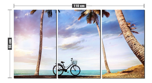 Kit Quadro Decorativo Bicicleta Na Praia Com Coqueiros