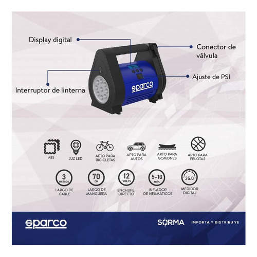 Imagen 4 de 9 de Compresor Aire Sparco C/medidor De Presión Y Linterna Led.