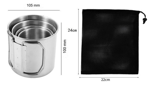 Pack Vasos X4 Camping Acero Inox Asa Plegable Inc. Bolso