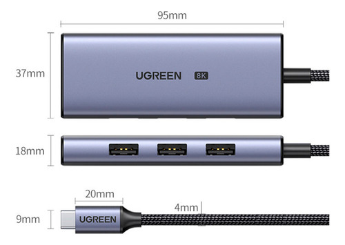 Hub Usb C 3.0 Ugreen 50629 3 Usb-a Y 1 Hdmi 2.1 8k Ultra Hd