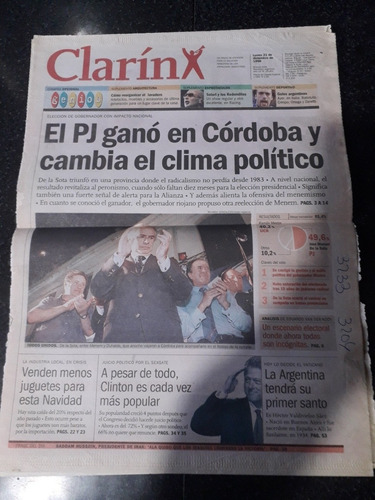 Tapa Diario Clarín 21 12 1998 Córdoba De La Sota Pj Menem (Usado)