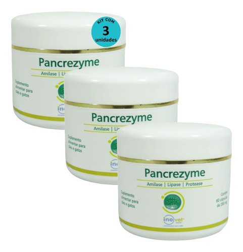 Pancrezyme 60 Cápsulas 280mg Para Cães Gatos Inovet Kit 3 Un