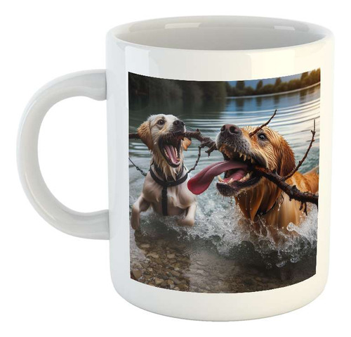 Taza Ceramica Perros Peleando Por Una Rama Jugando