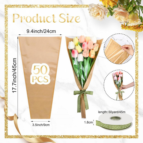 50 Bolsas De Embalaje De Flores Con Cinta, Papel Kraft Flo