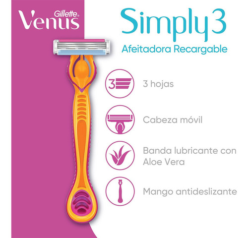 Rastrillo Gillette Venus Simply3 + 2 Repuestos Para Depilar