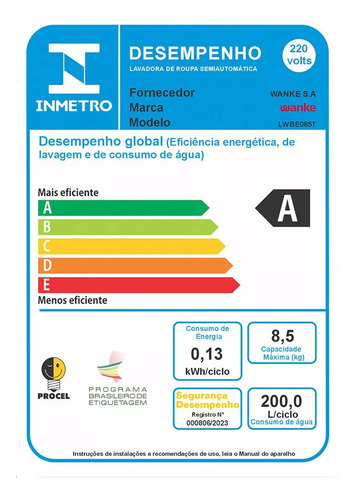 Máquina De Lavar Wanke 8,5kg Super Lwbe085t3 Branco 220v