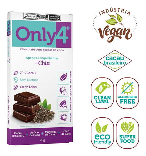Chocolate 70% Cacau Chia Zero Açúcar Sem Glúten Only4 Vegano