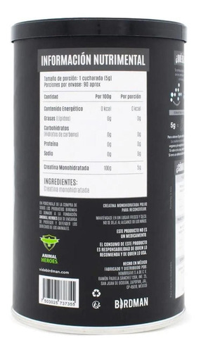 Imagen 2 de 5 de Creatina Monohidratada Pura 90 Serv 450g Birdman