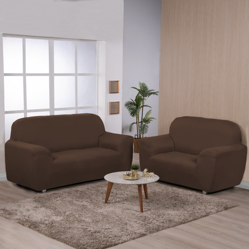 Kit Capa De Sofa 2e3 Lugares Ibitex Malha Lisa Coladinha Cor Marrom