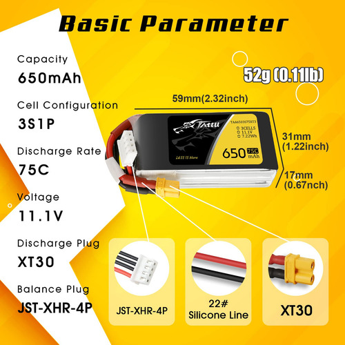 Batería Lipo Tattu, 650 Mah, 11,1 V, 75c 3s, Paquete De Baterías Con Conector Xt30 Para Fpv Multirotor De Tamaño 90 A 180 Torrent 110 Lizard 95 (ta-75c-650-3s1p-xt30)