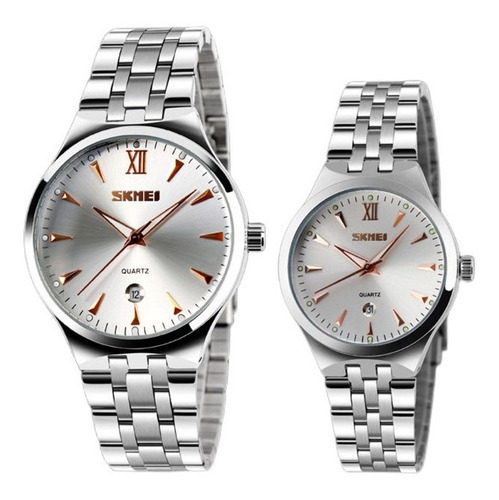 Reloj De Pareja Analógico De Cuarzo Skmei Calendar, 2 Unidad Color del fondo Dorado