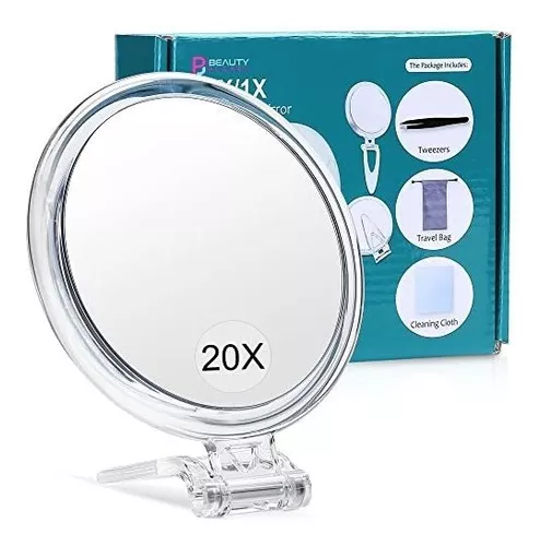  B Beauty Planet Espejo de aumento 20X, espejo de dos caras,  aumento 20X/1X, espejo de maquillaje plegable con soporte de mano/soporte,  uso para aplicación de maquillaje, pinzas y eliminación de puntos 