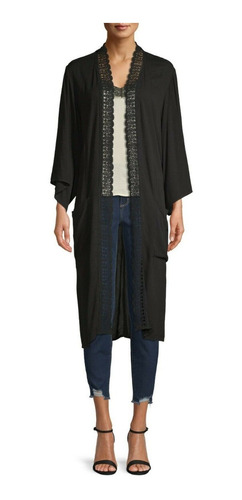 Kimono Bordado Casual Negro Largo Import. Usa Talle L Xl Xxl