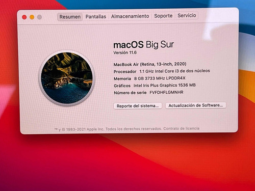 Macbook Air 13 A2179 2020 Intel I3 8gb Ram 256gb Ssd Oro (Usado)