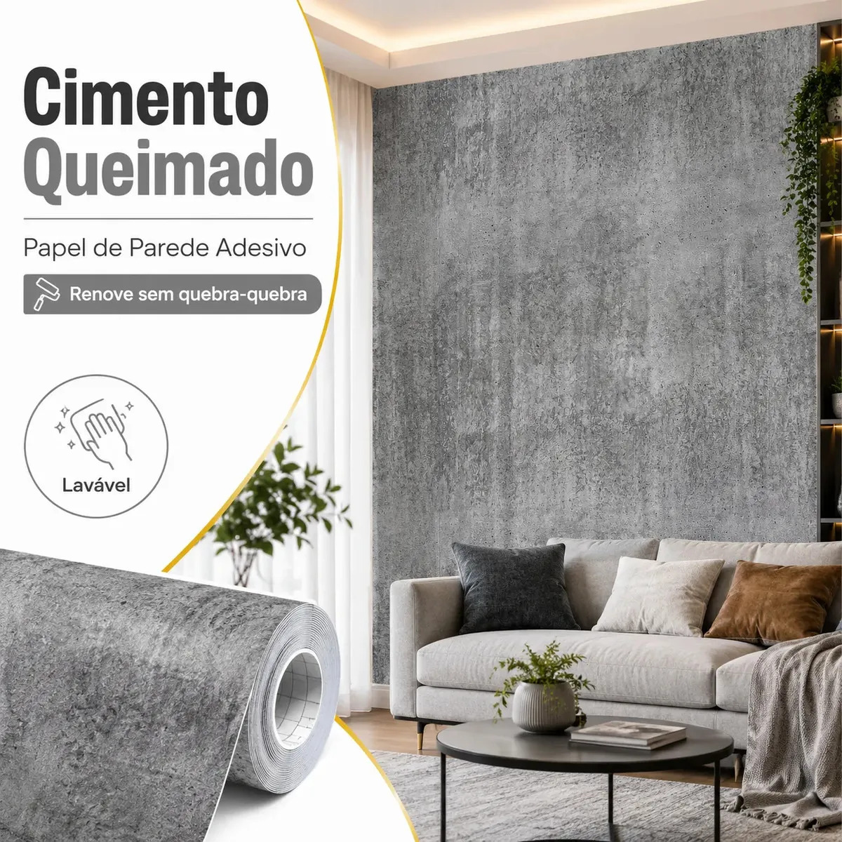 Papel de Parede adesivo Cimento queimado Autocolante Vinílico lavável 3D envelopamento Sala cozinha banheiro rolo 10m x 45cm