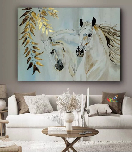 Cuadros Modernos Decorativos 1,20 X 0,70 Caballos Con Dorado