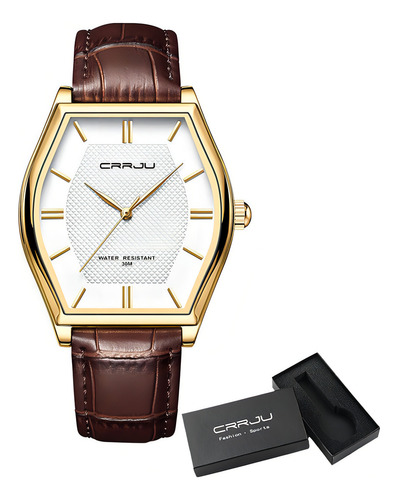 Relógios De Quartzo Masculinos De Couro Simples Crrju Cor Da Correia Marrom/dourado