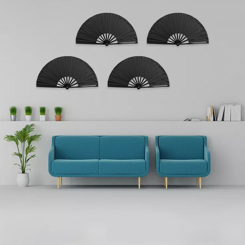 Abanico Plegable Grande De 4 Piezas, Color Negro