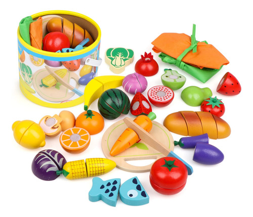 Juego De Frutas Y Verduras De Madera Para Niños, 43 Piezas Color