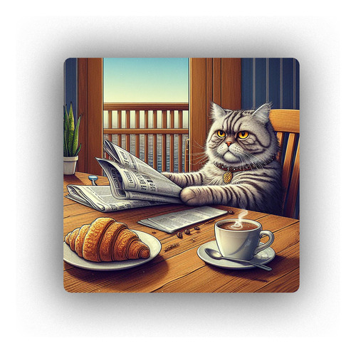 Mousepad Gato Enojado Leyendo El Diario Con Cafe