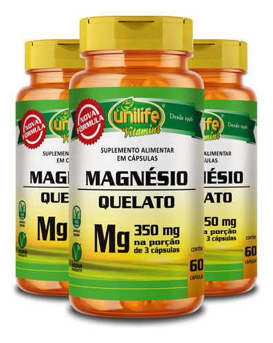 Kit 3 Magnésio Quelato 60 Cápsulas Unilife Sabor Sem Sabor