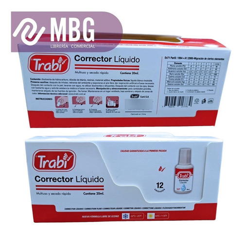 Imagen 5 de 7 de Corrector Liquido 20ml. Trabi En Frasco Con Pincel X 12