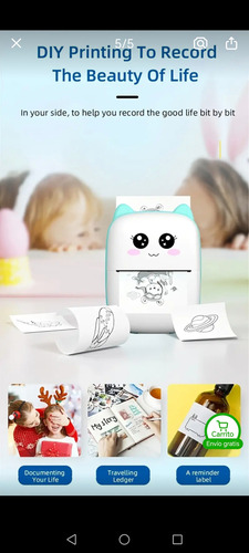 Mini Impresora Térmica Bluetooth Con 5 Rollos Adhesivos Celeste