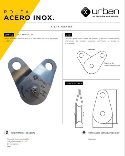 Imagen 2 de 3 de Polea Simple Indus 30 Kn Acero Inox Para Cable Acero 8-10mm