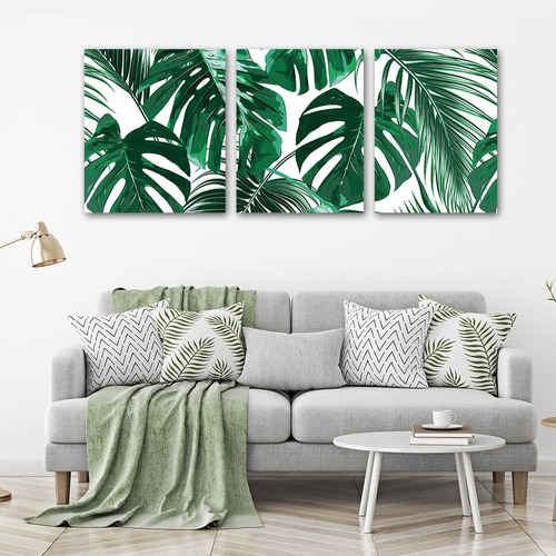 Triptico Hojas Tropicales, Cuadro Decorativo En Canvas