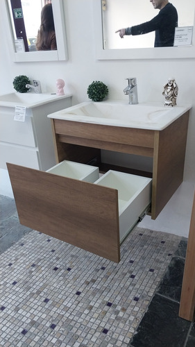 Vanitory Colgante 60 Melamina Texturada Bacha De Porcelanato Marrón Beige Un Agujero