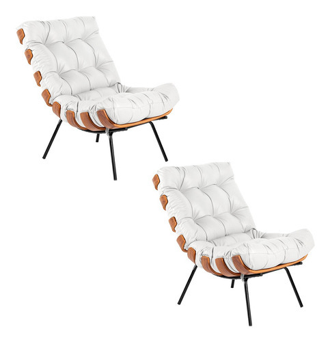 Kit 02 Poltronas Giratória Costela Couro Branco Base Madeira