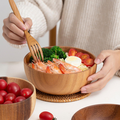 6 Fityle Premium Round Natural Wooden Salad Bowl Utensils