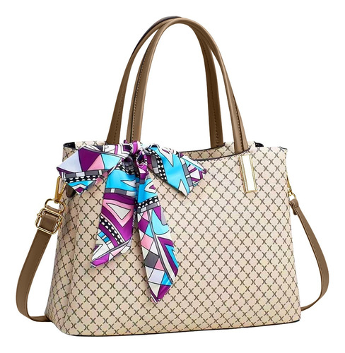 Bolso Lazo Mujer Elegante Moderno Y Ajustable Acabado De Los Herrajes Dorado Color Crema Correa De Hombro Marrón Claro Diseño De La Tela Rombos