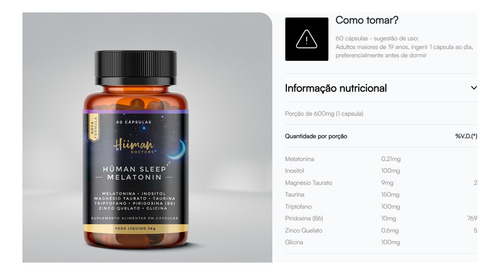 Hüman Sleep Melatonina Triptofano Piridoxina 60caps Sabor Sem sabor